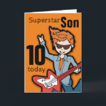 Superstar Son 10th birthday orange boy card Karte<br><div class="desc">This card says "Superstar Son 10 today. Inside: "Happy Birthday". Or customise with your own words. Fun card featuring a boy with red hair and light skin illustration and design by Sarah Trett. www.sarahtrett.com for www.mylittleeden.com</div>