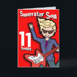 Superstar Son 11. Geburtstag rote Blondenkarte Karte<br><div class="desc">Auf dieser Karte steht: "Superstar Son 11 heute. Innen: "Happy Birthday". Oder passen Sie Ihre eigenen Worte an. Spielkarte,  die ausschließlich von Sarah Trett entworfen wurde.</div>