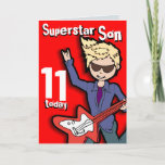 Superstar Son 11th birthday red blonde boy card Karte<br><div class="desc">This card says "Superstar Son 11 today. Inside: "Happy Birthday". Or customise with your own words. Fun card designed by exclusively by Sarah Trett.</div>