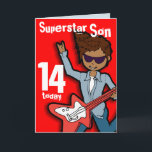 Superstar Son 14. Geburtstagskarte Karte<br><div class="desc">Auf dieser Karte steht: "Superstar 14 heute. Innen: "Happy Birthday". Oder passen Sie Ihre eigenen Worte an. Spielkarte,  die ausschließlich von Sarah Trett entworfen wurde.</div>