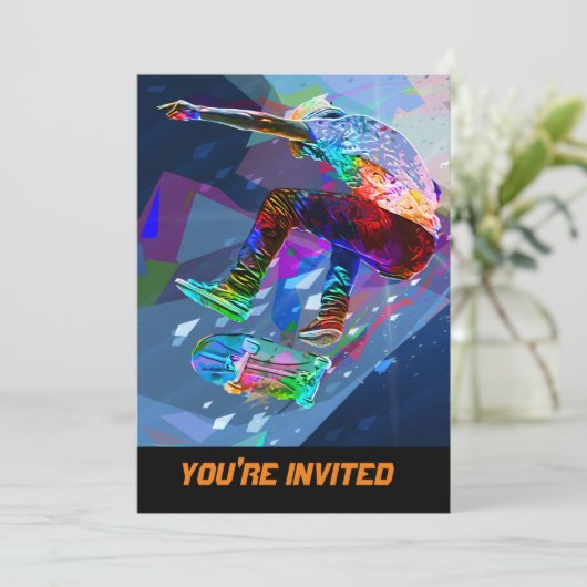 Superzeichenstift farbiger SilhouetteSkateboarder Einladung (Stehend Vorderseite)