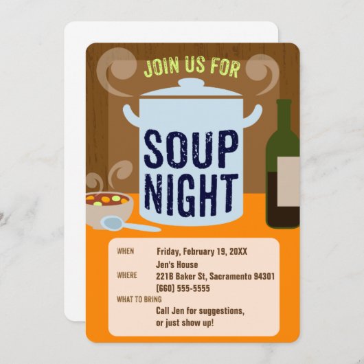 Suppen-Nachtlässiges Abendessen-Party Einladung (Vorne/Hinten)