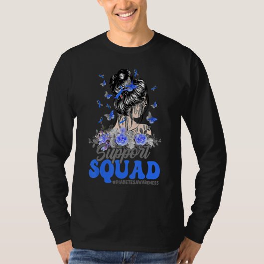 Support Squad Messy Bun Butterfly Diabetes Awarene T-Shirt (Vorderseite)