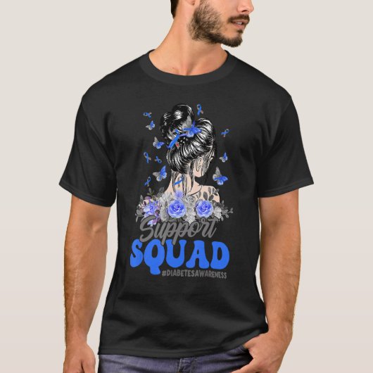 Support Squad Messy Bun Butterfly Diabetes Awarene T-Shirt (Vorderseite)