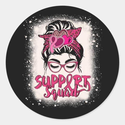 Support Squad Messy Bun Pink Warrior Breast Cancer Runder Aufkleber (Vorderseite)
