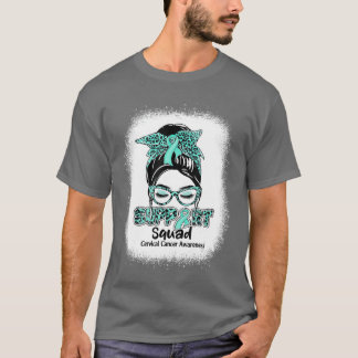 Support Squad Messy Bun Teal Ribbon Cervical Cance T-Shirt