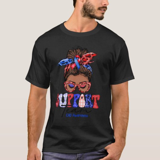 Support Team Messy Bun Butterfly Blue & Red Ribbon T-Shirt (Vorderseite)