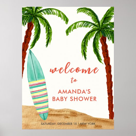 Surf Beach Baby an Bord Baby Dusche Willkommen Poster (Vorne)