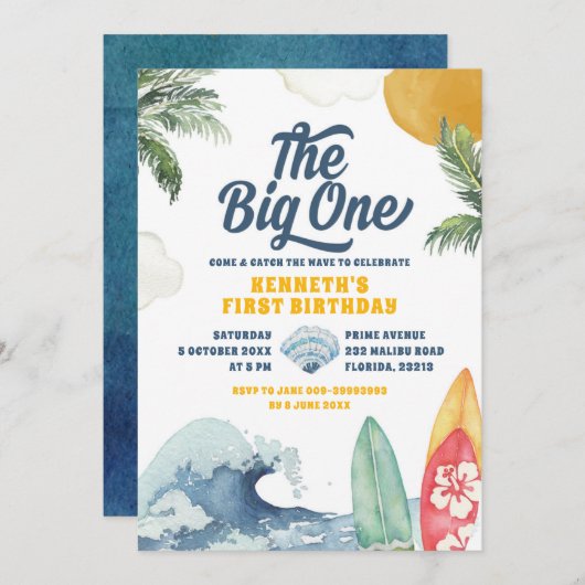 Surf Beach Sommer Big One Einladung zum ersten Geb (Vorne/Hinten)