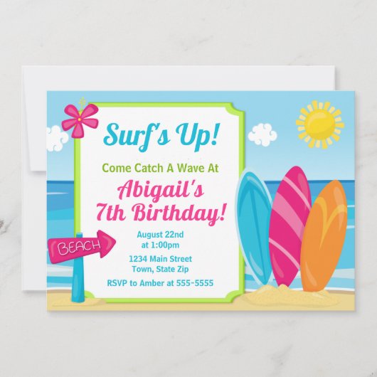 Surf Board Birthday Invitation Surf Girl Beach Einladung (Vorderseite)