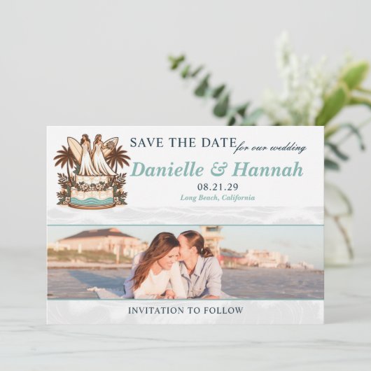 Surf Brides Wedding Save The Date (Stehend Vorderseite)