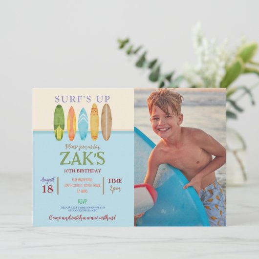 Surf ist auf! Surf Blue Beach Foto Einladung (Stehend Vorderseite)