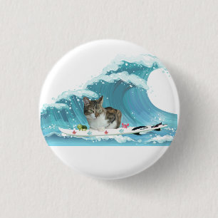 Surf Kitty Gray Tabby Reiten the Wave Button