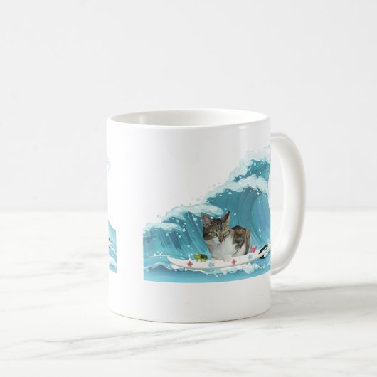 Surf Kitty Gray Tabby Reiten the Wave Kaffeetasse (VorderseiteRechts)