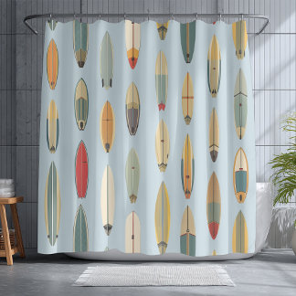 Surf Leben | Retro Küstenblauer Surfboard Druck Duschvorhang