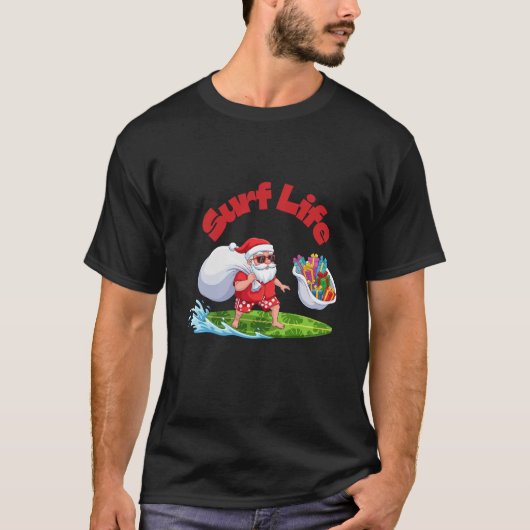 Surf Life Santa Surfing Christmas Art T-Shirt (Vorderseite)