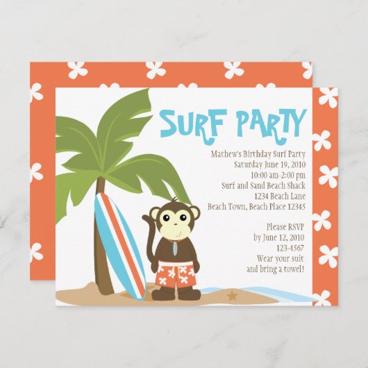 Surf Monkey Einladung (Vorne/Hinten)