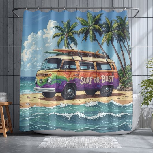 Surf oder Pleite Groovy Retro Hippie Surfer Strand Duschvorhang