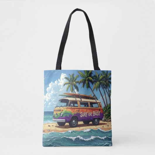 Surf oder Pleite Groovy Retro Hippie Surfer Strand Tasche (Vorderseite)
