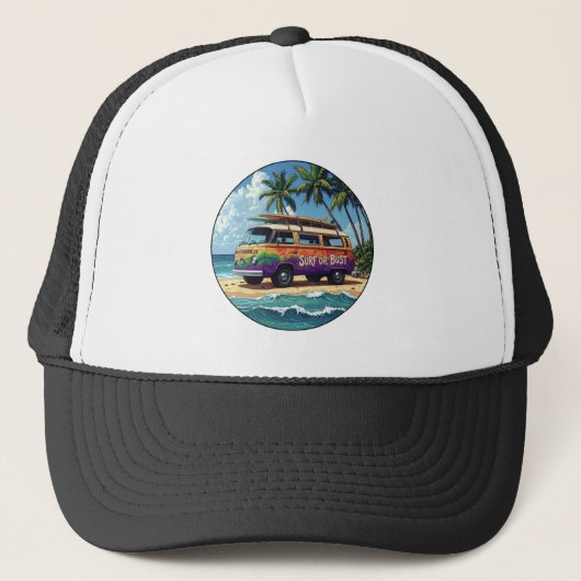 Surf oder Pleite Groovy Retro Hippie Surfer Strand Truckerkappe (Vorderseite)