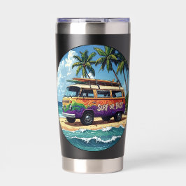 Surf Or Bust Groovy Retro Hippie Surfer Beach Bus Thermobecher