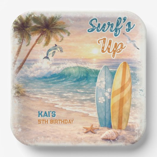 Surf’s Up Retro Beach Birthday Party  Pappteller (Vorderseite)