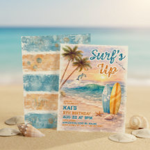 Surf’s Up Retro Watercolor Tropical Beach Birthday