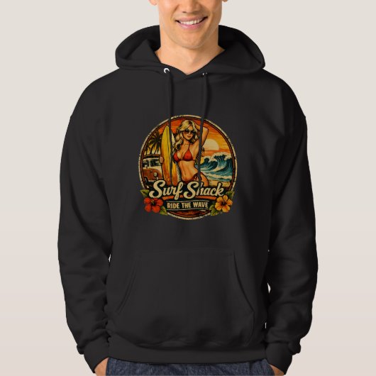 Surf Shack Surfer Pin-Up | Ride The Waves Beach Hoodie (Vorderseite)