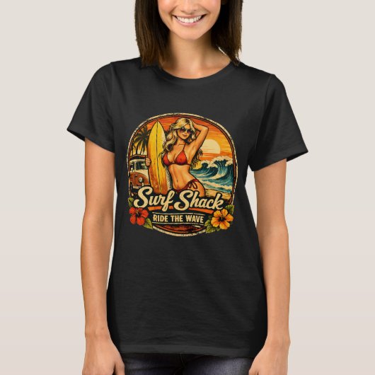 Surf Shack Surfer Pin-Up | Ride The Waves Beach T-Shirt (Vorderseite)