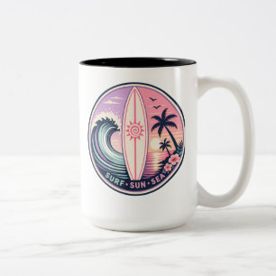 Surf • Sonne • Meer Retro Tropen-Welle-Abzeichen Zweifarbige Tasse