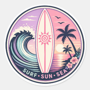 Surf • Sonne • Meer Retro Tropische Welle Abzeiche Runder Aufkleber
