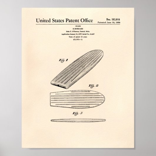 Surfboard 1958 Patent Art Old Peper Poster (Vorne)