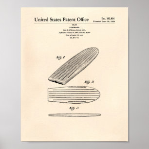 Surfboard 1958 Patent Kunst Altes Papier Poster