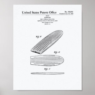 Surfboard 1958 Patent Kunst Weißpapier Poster