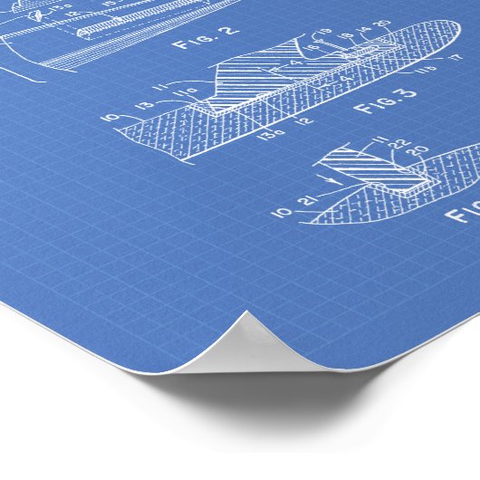 Surfboard 1969 Patentart Blueprint Poster (Ecke)