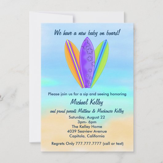 Surfboard Beach Baby Sip and See Dusche Party Einladung (Vorderseite)