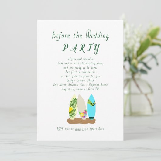 Surfboard-Design vor der Einladung zur Hochzeit (Stehend Vorderseite)