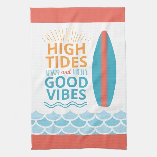 Surfboard High Tides Good Vibes Customizable Beach Geschirrtuch (Vertikal)