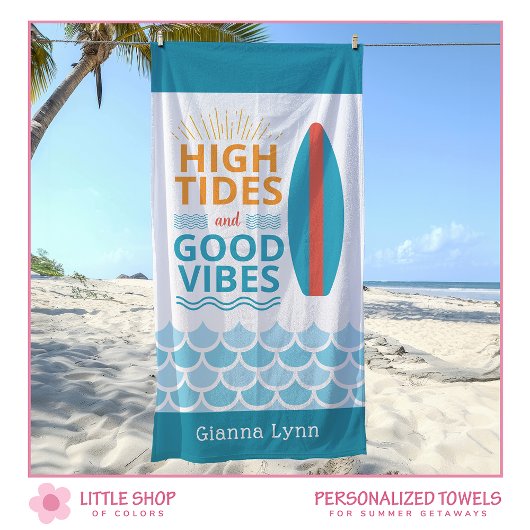 Surfboard High Tides Good Vibes Customizable Beach Strandtuch