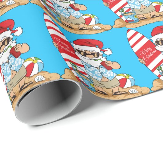 Surfboard Santa Wrapping Paper Geschenkpapier (Rolleneckpunkt)