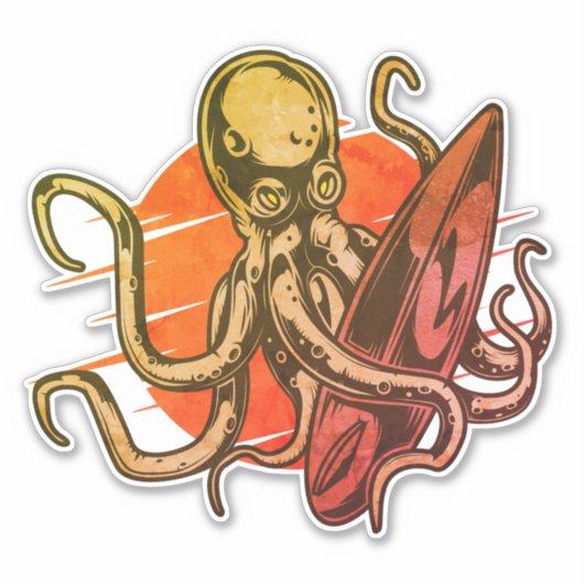 Surfboard Sunset Octopus Attack Surfing Aufkleber (Vorderseite)