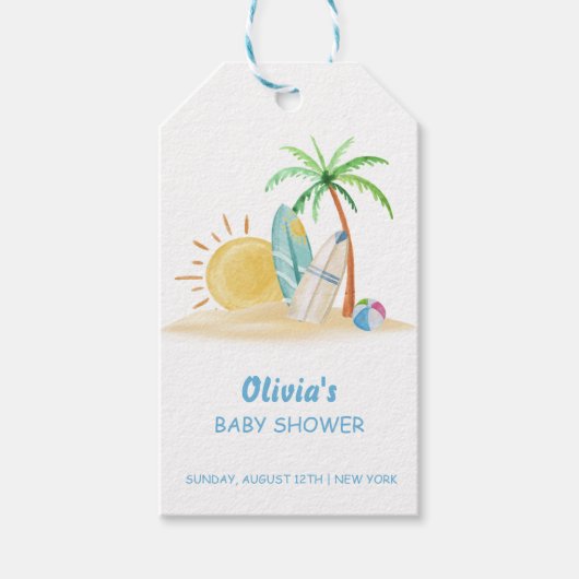 Surfboard Sunshine Beach Palm Tree Baby Dusche Geschenkanhänger (Vorderseite)