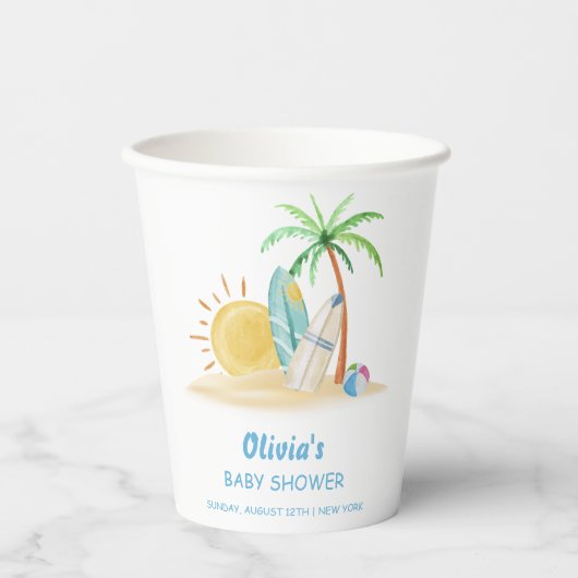 Surfboard Sunshine Beach Palm Tree Baby Dusche Pappbecher (Vorderseite)