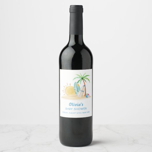 Surfboard Sunshine Beach Palm Tree Baby Dusche Weinetikett (Vorderseite)