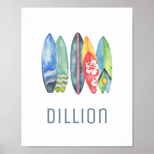 Surfboard Watercolor Individuelle Name Print Poster (Vorne)