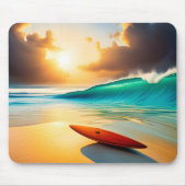 Surfbrett am Strand von Sunrise Mousepad (Vorne)