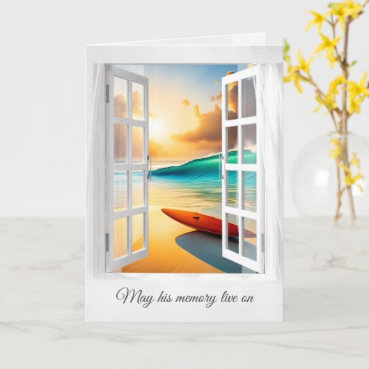 Surfbrett auf Ocean Beach Beileid Karte (Gelbe Blume)