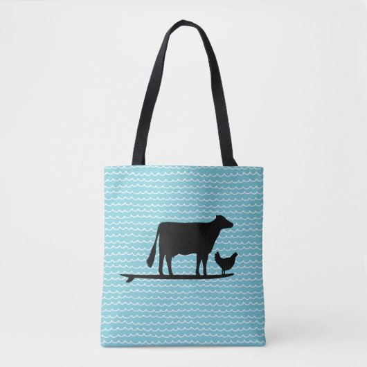 Surfbrett für Kuh und Huhn Beach Tote Tasche (Vorderseite)