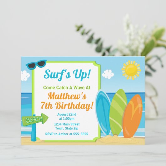 Surfbrett Geburtstag Einladung Surf Beach Party (Stehend Vorderseite)