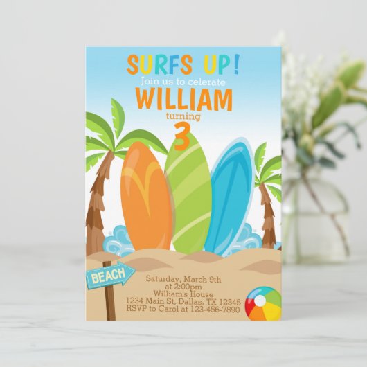 Surfbrett Geburtstagsparty Einladung (Stehend Vorderseite)